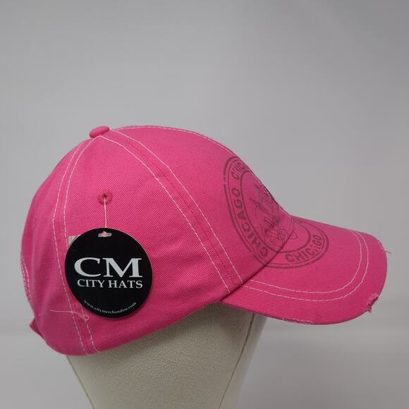 Chicago Strapback Baseball Cap Pink One Size Adjustable Embroidered Distressed - Picture 5 of 9